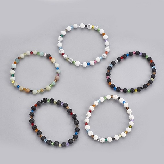 Gemstone Beads Stretch Bracelets, with Faceted Bicone Crystal Czech Glass Beads, Round