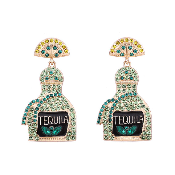 Серьги-гвоздики с подвесками из цинкового сплава со стразами, Флакон духов, с эмалью, золотые