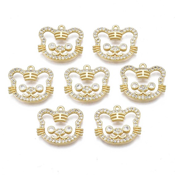 Brass Micro Pave Clear Cubic Zirconia Pendants, Rack Plating, Nickel Free, Tiger