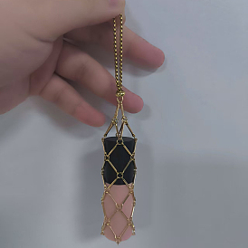 Brass Macrame Pouch Pendant Decorations, with 304 Stainless Steel Chains