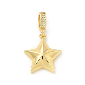 Brass Micro Pave Clear Cubic Zirconia Star European Dangle Charms, Large Hole Pendants