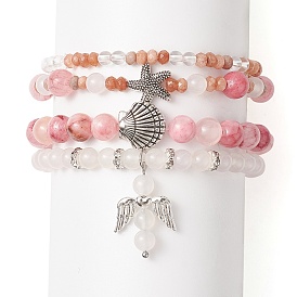 4Pcs 4 Style Natural Mixed Gemstone Beaded Stretch Bracelets Set, Shell & Starfish & Fairy Alloy Charms Stackable Bracelets for Women