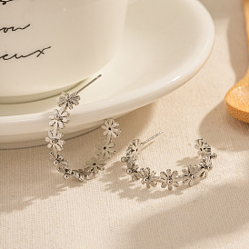Stylish Commuter Stainless Steel Flower C-shaped Earrings, Unique Personality Steel Color Ear Hoops