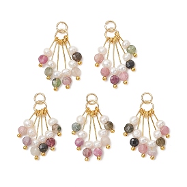 Natural Multicolor Tourmaline and Pearl Pendants, Faceted Round Beads Tassel Charms