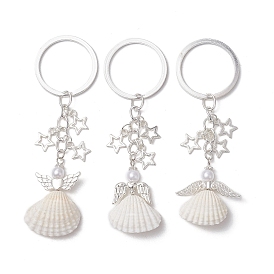 3Pcs 3 Styles Natural Shell Keychains, with Iron Split Key Rings, Angel