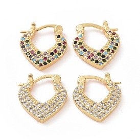 Cubic Zirconia Heart Hoop Earrings, Real 18K Gold Plated Brass Jewelry for Women
