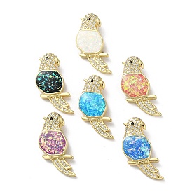 Brass Micro Pave Clear Cubic Zirconia Pendants, with Synthetic Opal, Real 18K Gold Plated, Bird