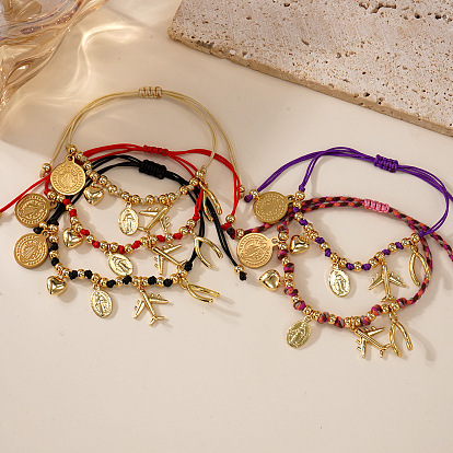 Богемный стиль 304 браслеты из нержавеющей стали и латуни с подвесками, плетеные браслеты из хлопкового шнура для женщин, разнообразные