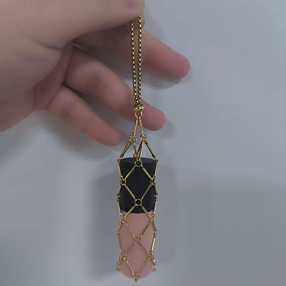 Brass Macrame Pouch Pendant Decorations, with 304 Stainless Steel Chains