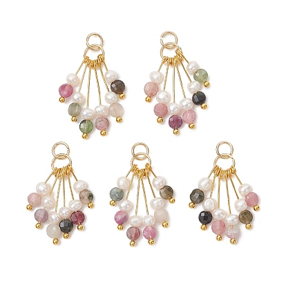 Natural Multicolor Tourmaline and Pearl Pendants, Faceted Round Beads Tassel Charms