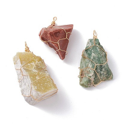 Pendentifs en pierres précieuses brutes naturelles et synthétiques, avec du fil de cuivre enroulé, or, nuggets