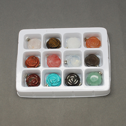 Gemstone Pendants, with Brass Clasps, Mixed Stone, Rose Flower, 23x20x7mm, Hole: 6x2mm, 12pcs/box