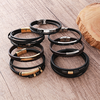Vintage 304 Stainless Steel Leather Bracelets for Men, Hip Hop Style Jewelry, Black