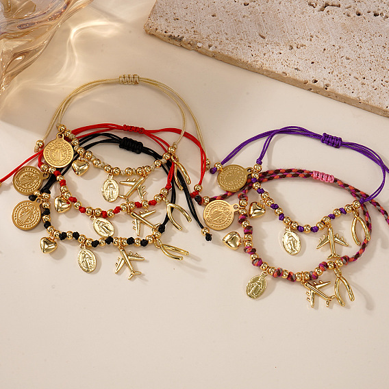 Богемный стиль 304 браслеты из нержавеющей стали и латуни с подвесками, плетеные браслеты из хлопкового шнура для женщин, разнообразные