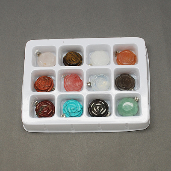 Gemstone Pendants, with Brass Clasps, Mixed Stone, Rose Flower, 23x20x7mm, Hole: 6x2mm, 12pcs/box