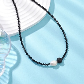 Ожерелья из граненых круглых бусин из натуральной черной шпинели и лавового камня, Ожерелья из натурального культивированного пресноводного жемчуга и риса для женщин