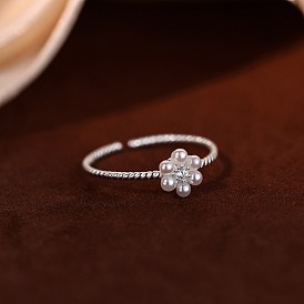 Открытые кольца-манжеты из латуни, прозрачного кубического циркония и пластиковых жемчужин для женщин., цветок