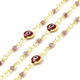 Handmade Glass Flat Round with Evil Eye Link Chains with Natural Gemstone Beaded, with Gold Plated Brass Chains, Soldered, with Spool