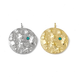 Vacuum Plating 201 Stainless Steel Pendants, with Rhinestone, Flat Round with Sun Charm
