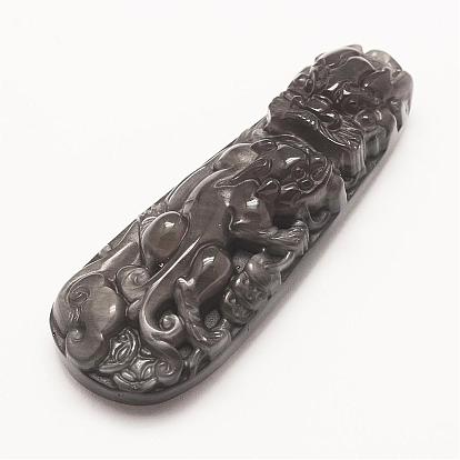 Carved Natural Obsidian Big Pendants, Lion