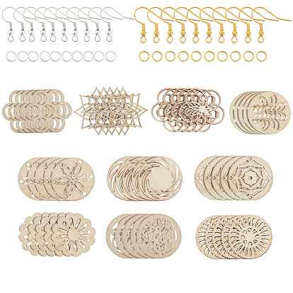 Kits de fabricación de pendientes colgantes de bricolaje, con colgantes y cabujones de madera natural hueca, formas de madera cortadas con láser, Ganchos del pendiente de hierro
