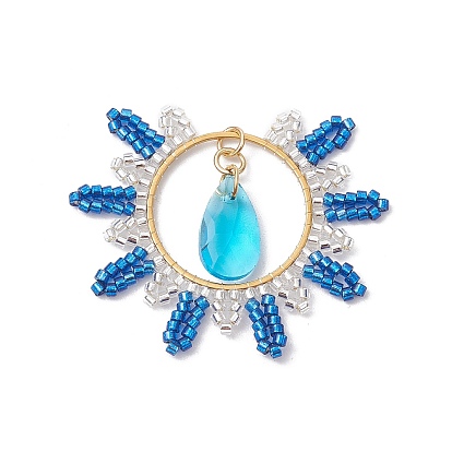 Плоские круглые подвески из стеклянного бисера, с 304 соединительным кольцом из нержавеющей стали и открытыми соединительными кольцами, а также стеклянной подвеской в форме капли