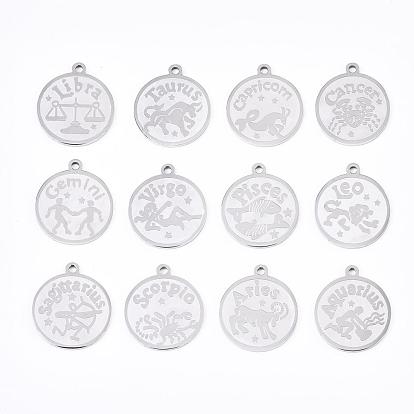 201 Stainless Steel Pendants, Flat Round with Twelve Constellation