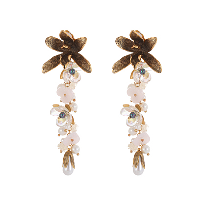 Серьги-гвоздики из латуни с цветком, Серьги-подвески в форме капли из розового кварца и искусственного жемчуга., античное золото 