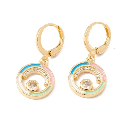 Enamel Flat Round Dangle Leverback Earrings with Clear Cubic Zirconia, Real 18K Gold Plated Brass Drop Earrings, Lead Free & Cadmium Free