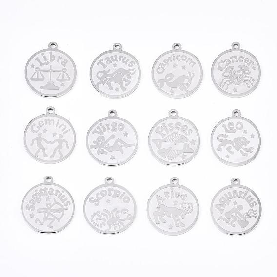 201 Stainless Steel Pendants, Flat Round with Twelve Constellation