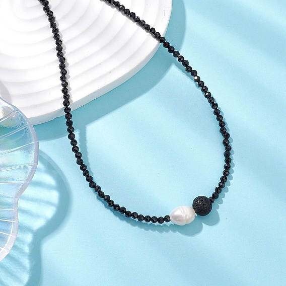 Ожерелья из граненых круглых бусин из натуральной черной шпинели и лавового камня, Ожерелья из натурального культивированного пресноводного жемчуга и риса для женщин