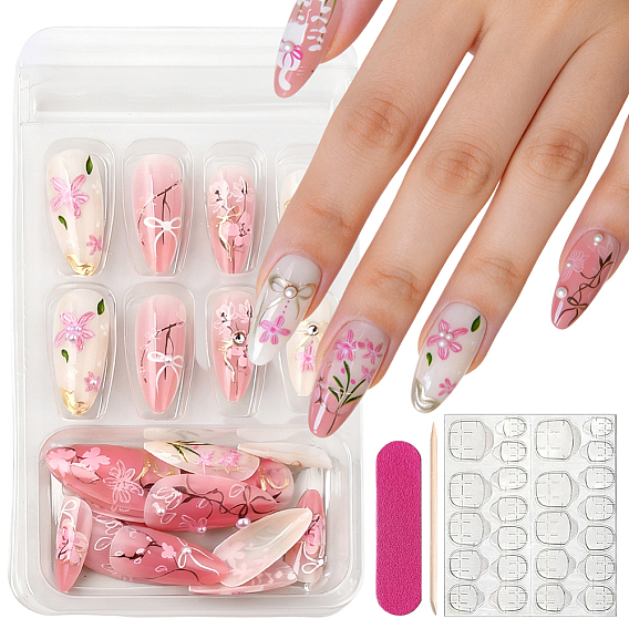 1Set Plastic Full Cover Press On False Nails, Nail Art Detachable Manicure, 1Set Plastic Adhesive Tapes & Manicure File and Wood Stick, Flower