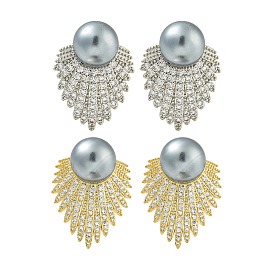 Rack Plating Fan Brass Micro Pave Clear Cubic Zirconia Stud Earrings, with Shell Pearl