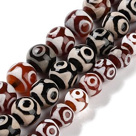 Natural Tibetan 3-Eye dZi Agate Beads Strands, Round, Dyed & Heated