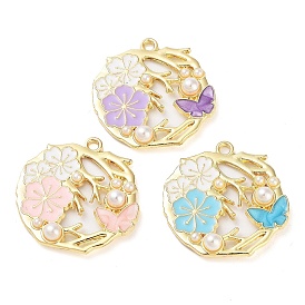 Rack Plating Alloy Enamel Pendants, with ABS Imitation Pearl, Golden, Flat Round with Flower Charm