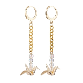 Origami Crane Brass Chain Dangle Earrings with Acrylic Beads, 304 Stainless Steel Leverback Earrings for Women