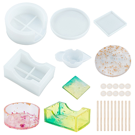SUPERFINDINGS Cup Mat Silicone Molds Sets, Resin Casting Molds, For UV Resin, Epoxy Resin Craft Making, with Birch Wooden Craft Ice Cream Sticks, Latex Finger Cots, Silicone Stirring Bowl