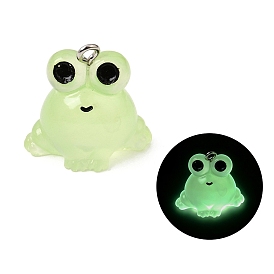 Luminous Transparent Resin Pendants, Frog Charms, with Platinum Iron Loops, Glow in the Dark