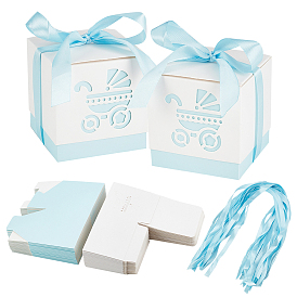 30 Sets Square Paper Pierced Candy Boxes, with Polyester Ribbon and Baby Carriage Pattern, for Baby Shower Gift Box