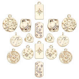16Pcs 8 Styles Alloy Pendants, with Crystal Rhinestone, Cadmium Free & Nickel Free & Lead Free, Flat Round & Teardrop & Rectangle & Rounded & Nuggets