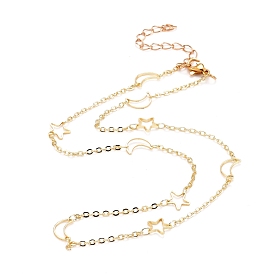 Moon & Star Chain Necklaces, with Brass Curb & Link Chains, 304 Stainless Steel Lobster Claw Clasps