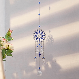 Metal Flat Round with Sun Hanging Ornaments, Glass Tassel Suncatchers for Home Garden Ornament