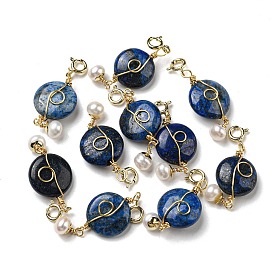 Natural Lapis Lazuli Flat Round Pendant Decorations, Natural Freshwater Pearl Ornament with Brass Spring Ring Clasps