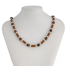 Регулируемые винтажные богемные мужские круглые бусы из натурального тигрового глаза и древесины колонного цвета, платина