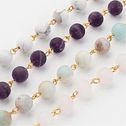 Handmade Natural Gemstone Beaded Chains, Unwelded, with Brass Eye Pin, Golden
