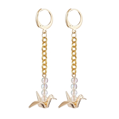 Origami Crane Brass Chain Dangle Earrings with Acrylic Beads, 304 Stainless Steel Leverback Earrings for Women