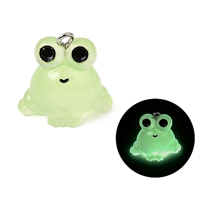 Luminous Transparent Resin Pendants, Frog Charms, with Platinum Iron Loops, Glow in the Dark
