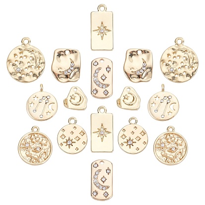 16Pcs 8 Styles Alloy Pendants, with Crystal Rhinestone, Cadmium Free & Nickel Free & Lead Free, Flat Round & Teardrop & Rectangle & Rounded & Nuggets