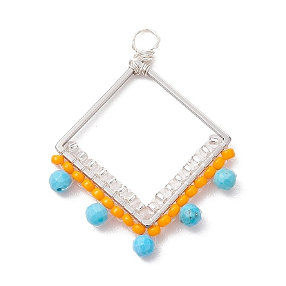 Wire Wrapped Natural Magnesite & Glass Bead Pendants, 201 Stainless Steel Rhombus Charm