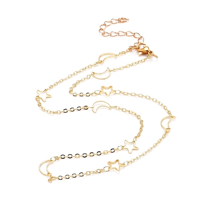 Moon & Star Chain Necklaces, with Brass Curb & Link Chains, 304 Stainless Steel Lobster Claw Clasps